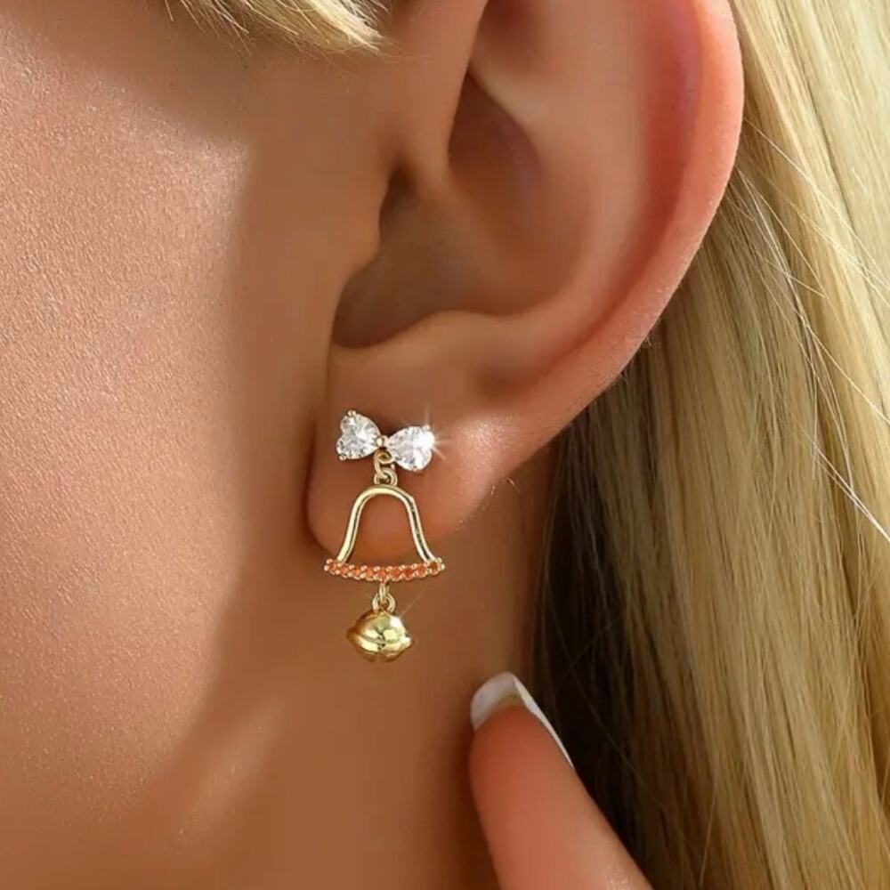Christmas Bell Earrings Gold Tone Rhinestone Bow Stud Dangle Holiday Festive